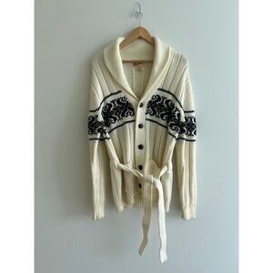 Vintage 70s Sigallo Shawl Collar Belted Cardigan L Cream Intarsia Knit Nordic